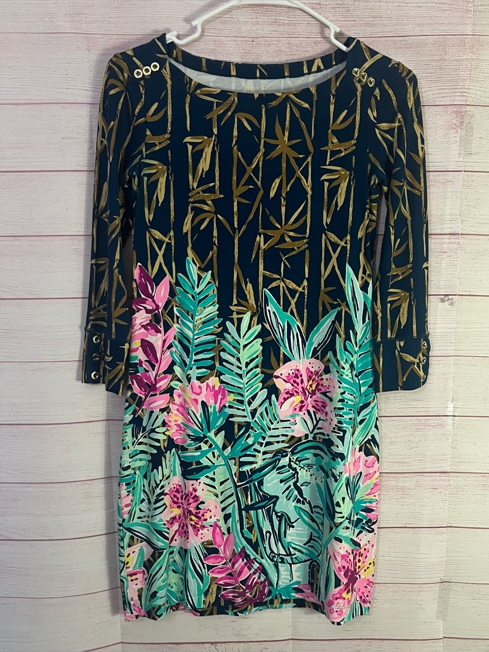 Lilly Pulitzer Navy Bamboo Button Detail Tropical Floral Shirt Dress Size XXS